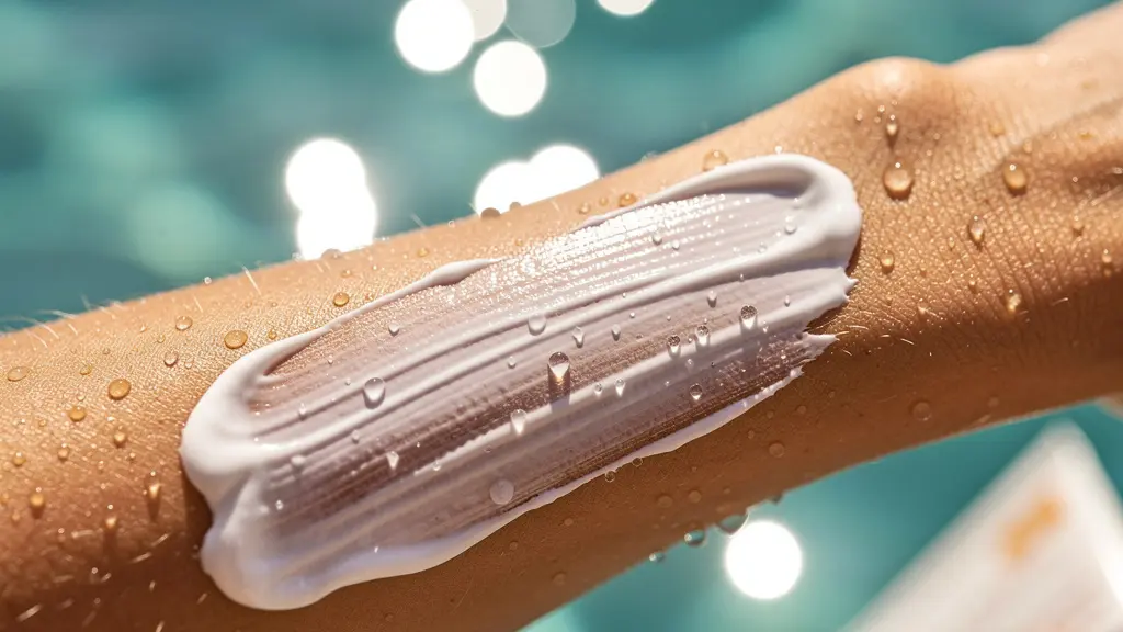 Gros plan sur un bras bronzé appliquant de la crème solaire épaisse, avec reflets scintillants de l'eau en arrière-plan