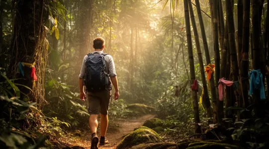 Randonneur solitaire marchant sur un sentier ombragé à travers la jungle tropicale du nord de la Thaïlande, lumière dorée filtrant à travers la canopée dense