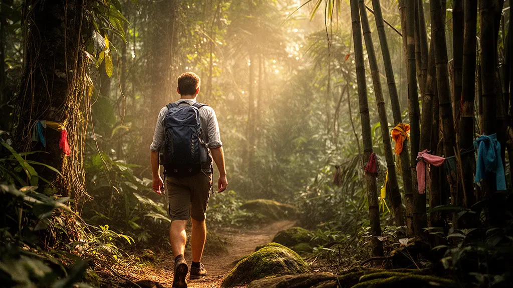 Randonneur solitaire marchant sur un sentier ombragé à travers la jungle tropicale du nord de la Thaïlande, lumière dorée filtrant à travers la canopée dense