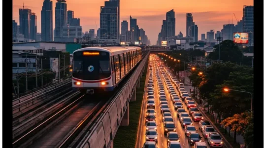 Vue aérienne du Skytrain BTS de Bangkok glissant au-dessus de la circulation dense en fin de journée, avec la lumière dorée du soleil couchant se reflétant sur les rails surélevés