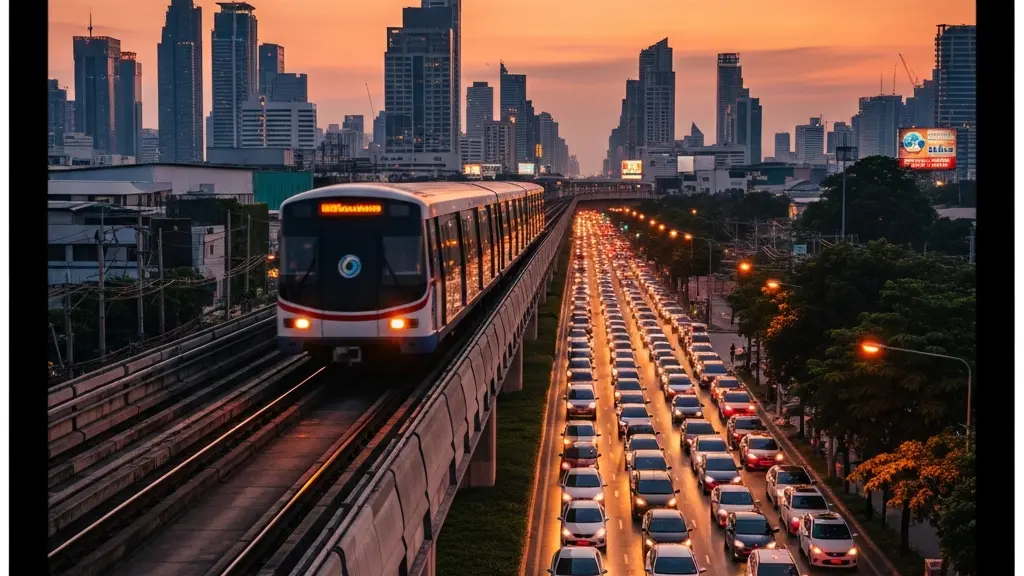 Vue aérienne du Skytrain BTS de Bangkok glissant au-dessus de la circulation dense en fin de journée, avec la lumière dorée du soleil couchant se reflétant sur les rails surélevés