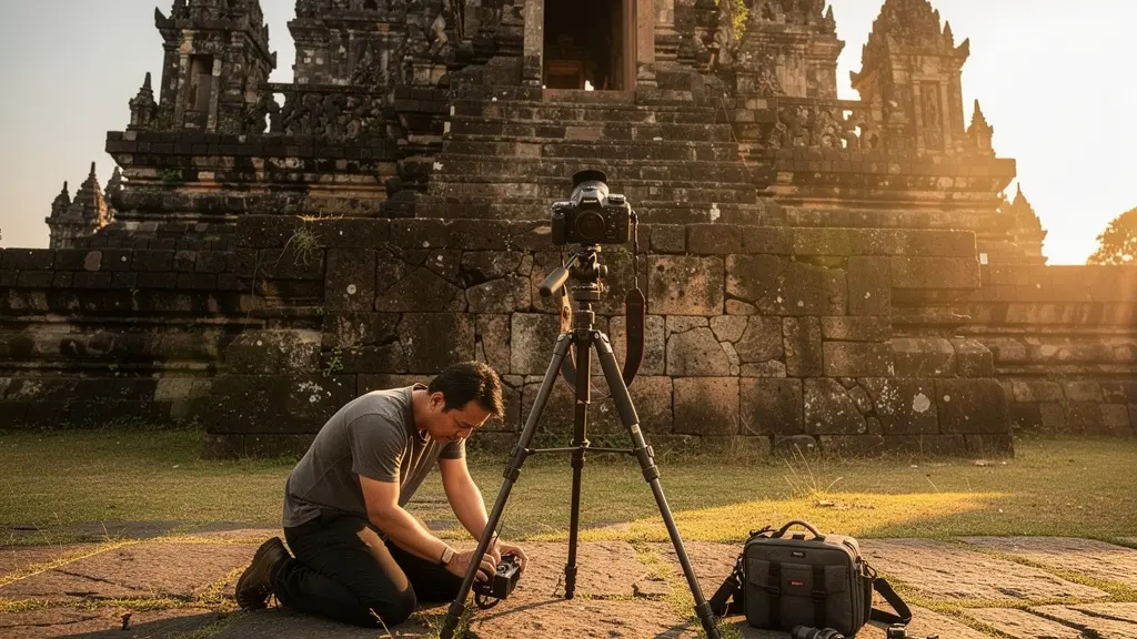 Photographe utilisant un trépied inversé pour capturer un temple par angle bas créatif