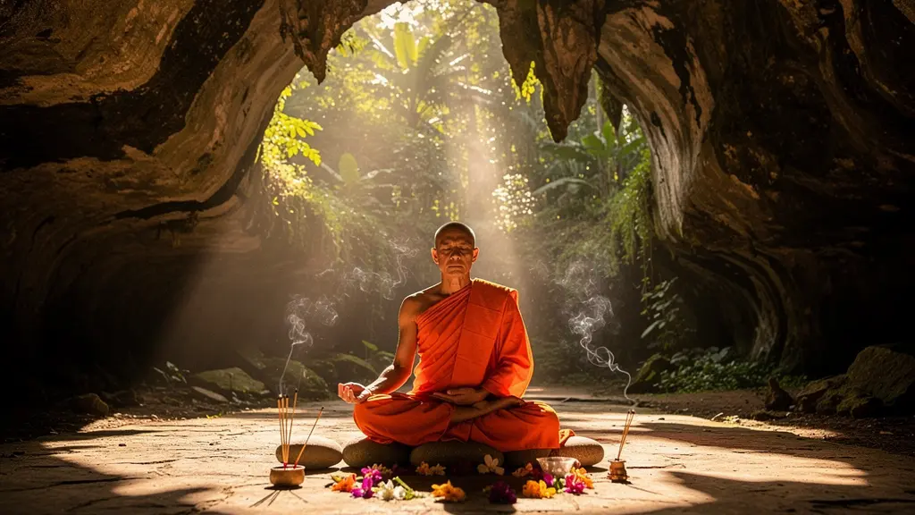 Moine méditant devant l'entrée d'une grotte sacrée à Chiang Dao