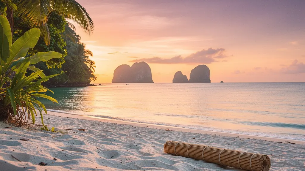 Vue panoramique d'une plage tropicale isolée de Koh Phangan au coucher du soleil avec un tapis de yoga posé sur le sable doré face à la mer