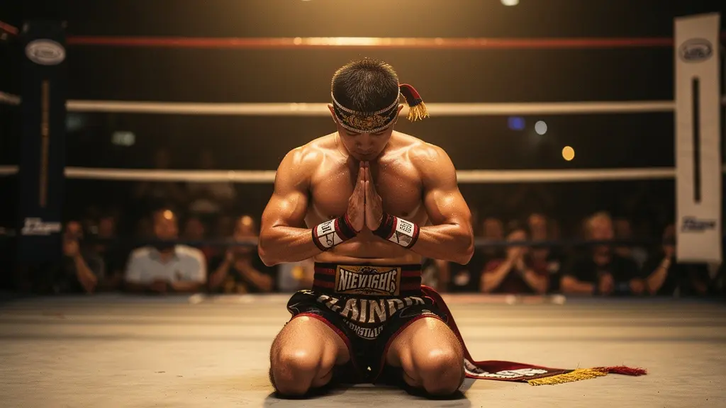 Un combattant de Muay Thai agenouillé au centre d'un ring, exécutant le rituel du Ram Muay avec le Mongkon sur la tête, baigné dans une lumière dramatique.