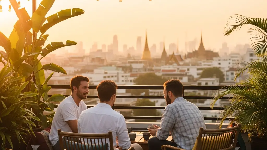 Voyageurs partageant un moment convivial sur le rooftop d'une auberge à Bangkok au coucher du soleil avec vue sur les toits de la ville
