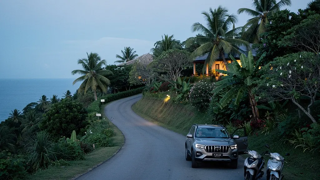 Une route très pentue sur une colline tropicale à Koh Samui, avec un 4x4 et deux scooters à l’arrêt, et la mer au loin au crépuscule.