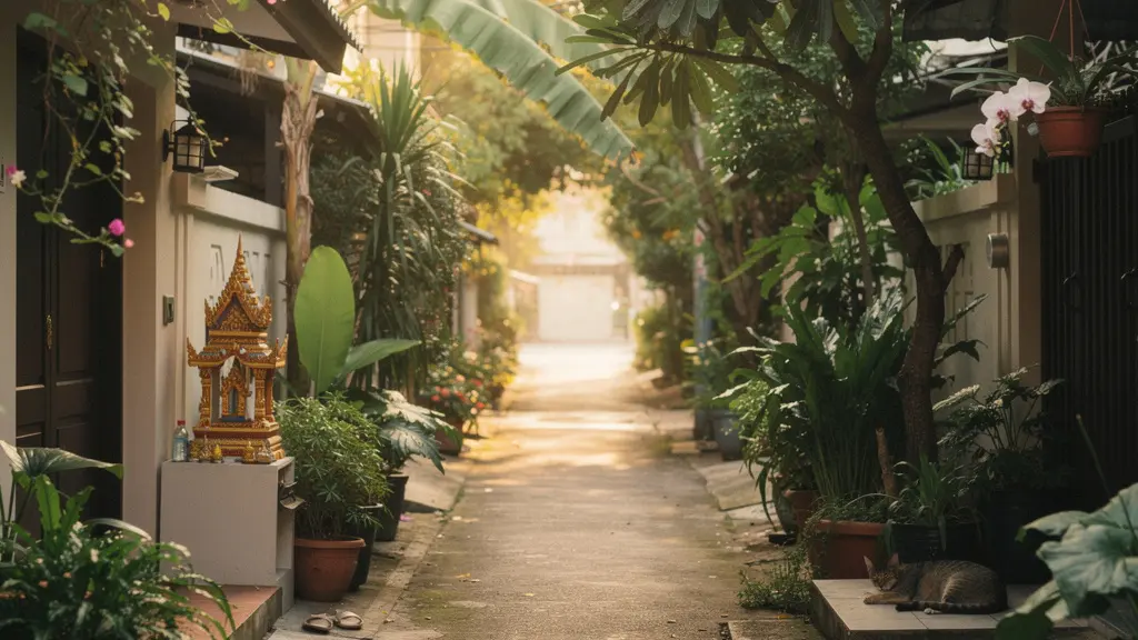 Ruelle paisible et arborée du quartier Phrom Phong à Bangkok avec des plantes tropicales et une atmosphère résidentielle sereine