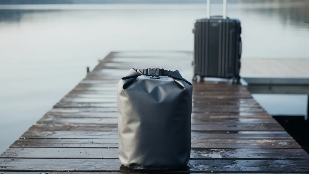 Un sac étanche posé sur un ponton en bois humide, avec une grande valise fermée et floue en arrière-plan, au bord du lac.