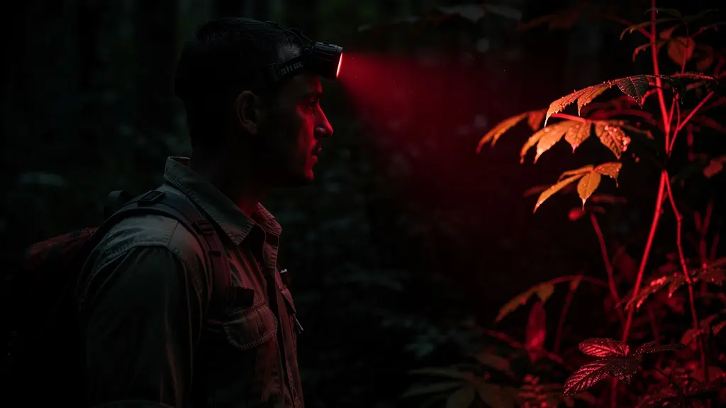 Guide utilisant une lampe frontale à lumière rouge pour observer la faune nocturne