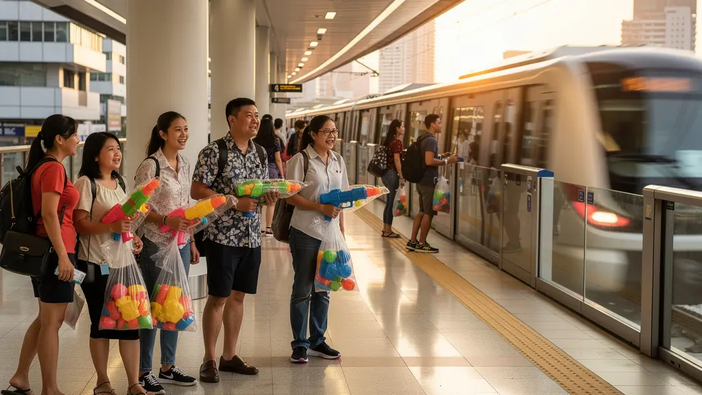 Station BTS moderne de Bangkok pendant Songkran avec voyageurs protégés