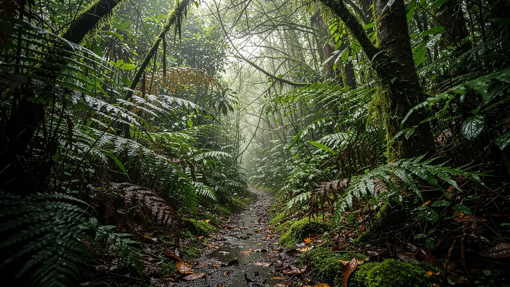 Vue subjective d'un sentier de jungle avec végétation dense montrant les zones à surveiller
