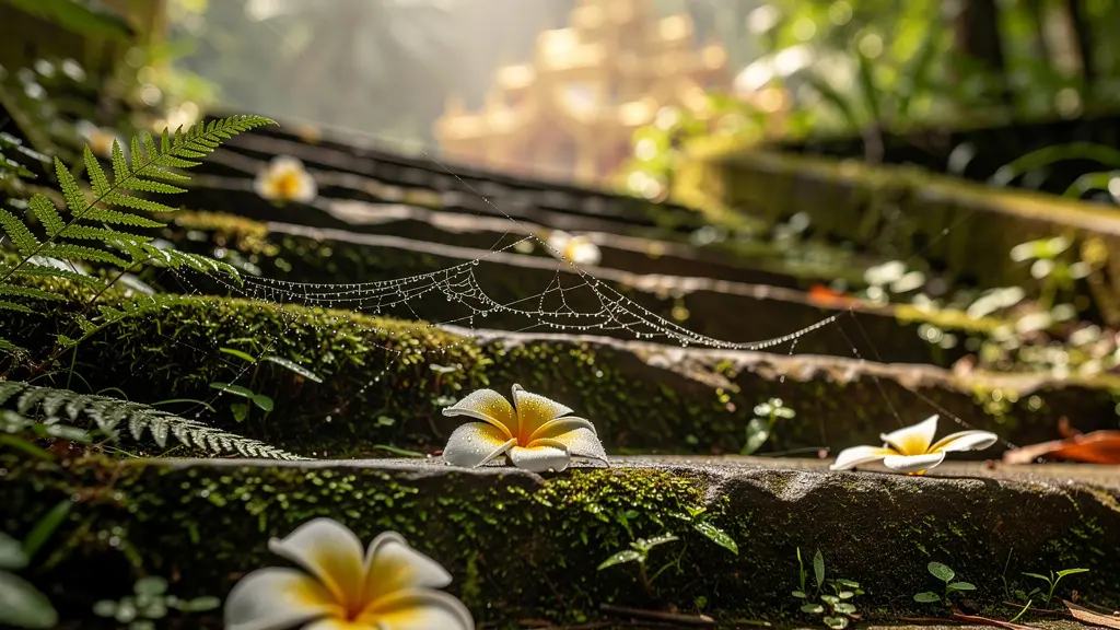 Sentier forestier mystique menant au Wat Pha Lat avec lumière filtrant à travers la canopée