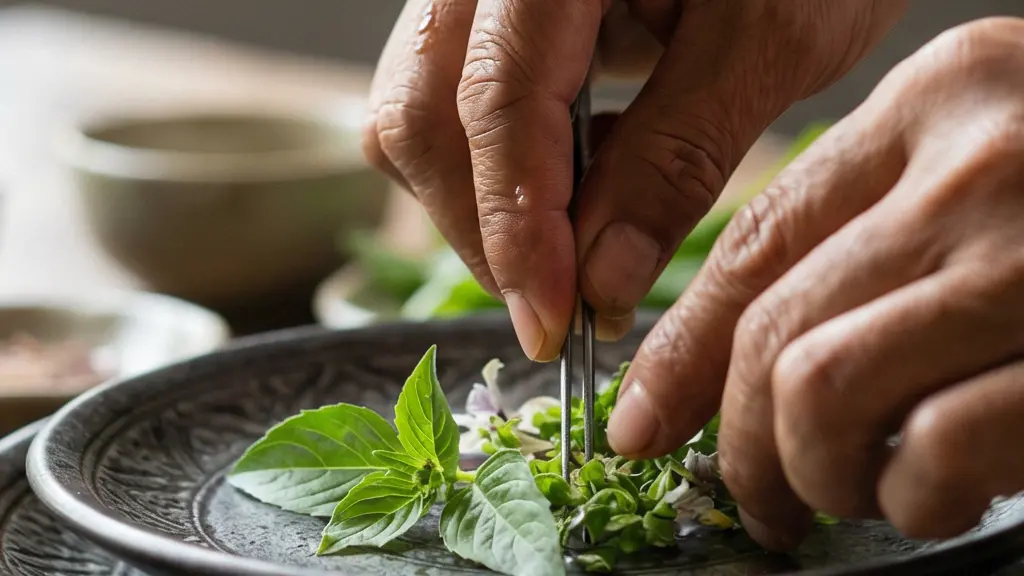 Présentation de haute gastronomie thaïlandaise montrant la séquence de dégustation