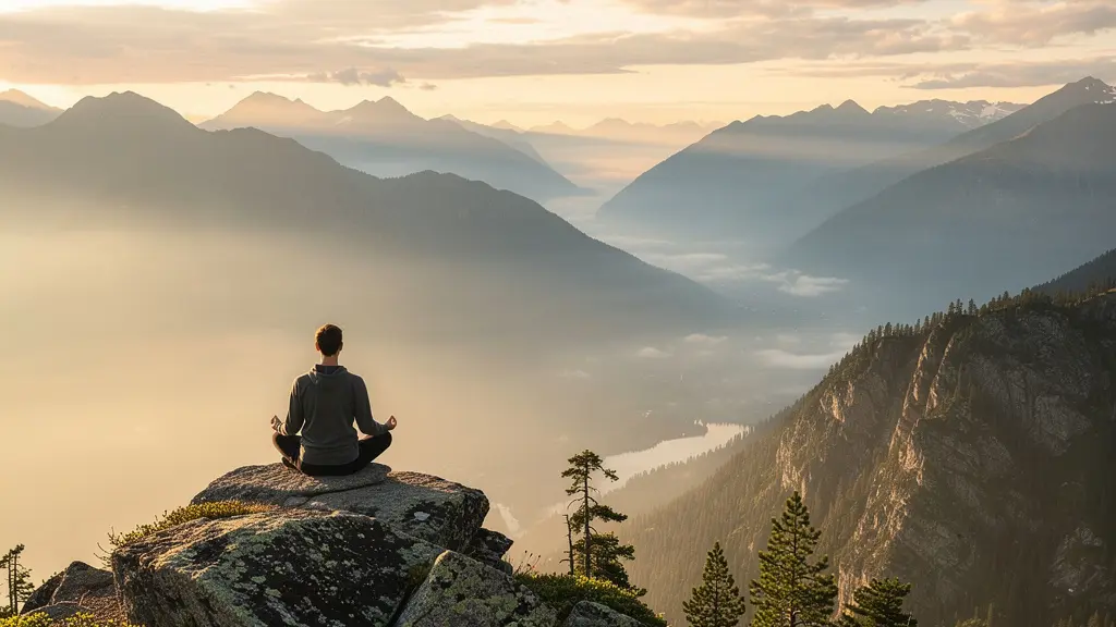 Vue panoramique des montagnes brumeuses du Nord au lever du soleil avec un méditant en silhouette