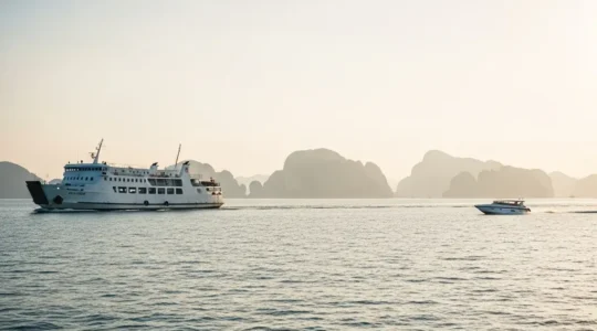 Un ferry et un speedboat naviguent sur une mer tropicale avec l’horizon dégagé, suggérant un choix de traversée plus ou moins confortable.