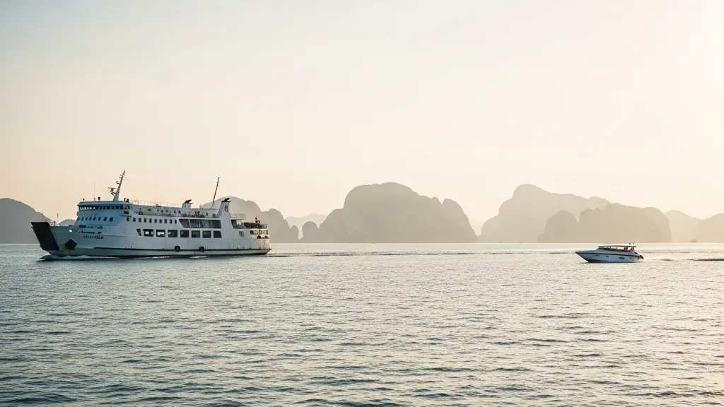 Un ferry et un speedboat naviguent sur une mer tropicale avec l’horizon dégagé, suggérant un choix de traversée plus ou moins confortable.