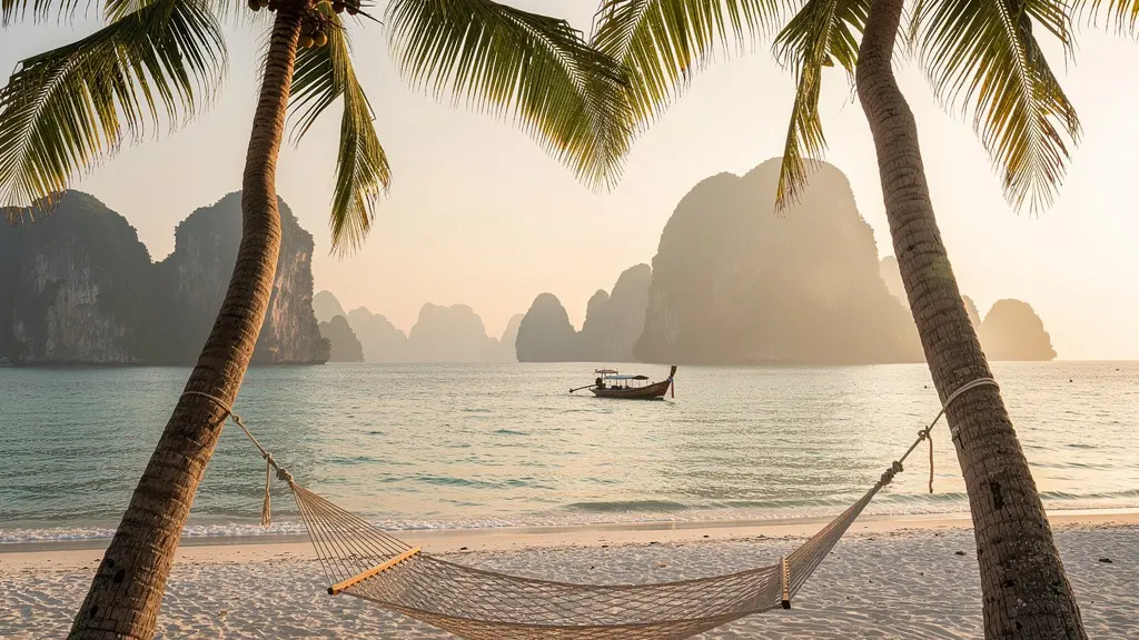 Plage déserte avec hamac entre deux palmiers au bord d'une eau turquoise, sans bateaux ni activités nautiques