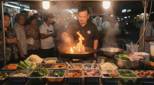 Scène de street food en Thaïlande avec un cuisinier au wok et un espace négatif pour un titre, ambiance de marché propre et lumineuse.