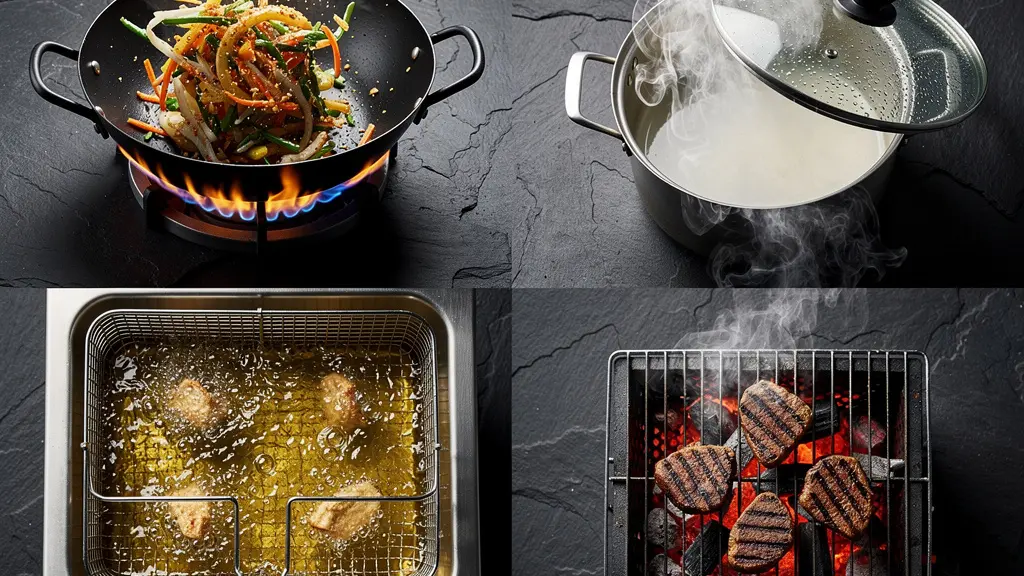 Tableau visuel des quatre méthodes de cuisson thaïlandaises avec plats représentatifs