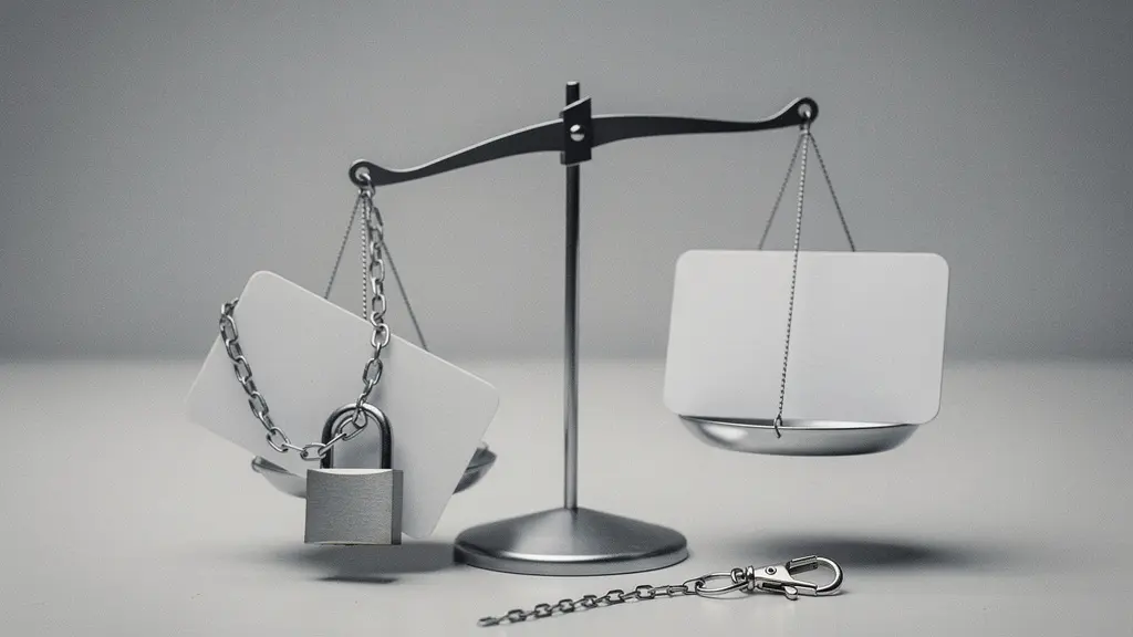 Deux clés de chambre identiques sur une balance : une clé verrouillée avec un cadenas et une clé libre, symbolisant non-remboursable versus flexible.