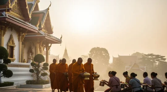 Vue d'un temple bouddhiste thaïlandais au lever du soleil avec des moines recevant des offrandes