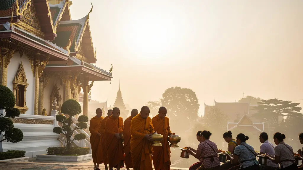 Vue d'un temple bouddhiste thaïlandais au lever du soleil avec des moines recevant des offrandes