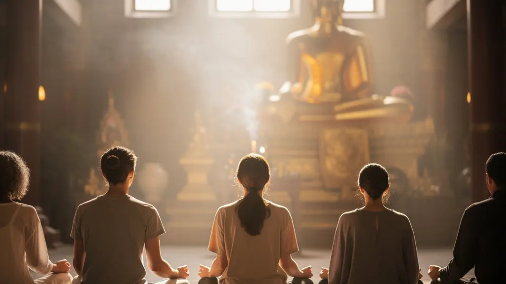 Intérieur paisible d'un temple thaïlandais avec des visiteurs maintenant une distance respectueuse.