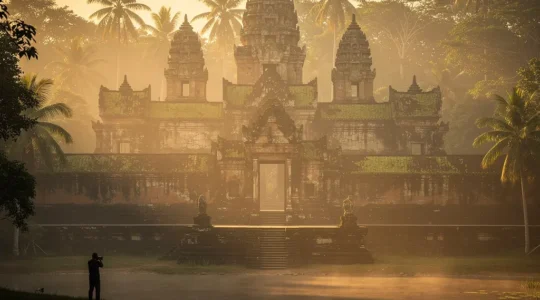 Photographe capturant un temple thaïlandais baigné de lumière dorée tropicale au lever du soleil