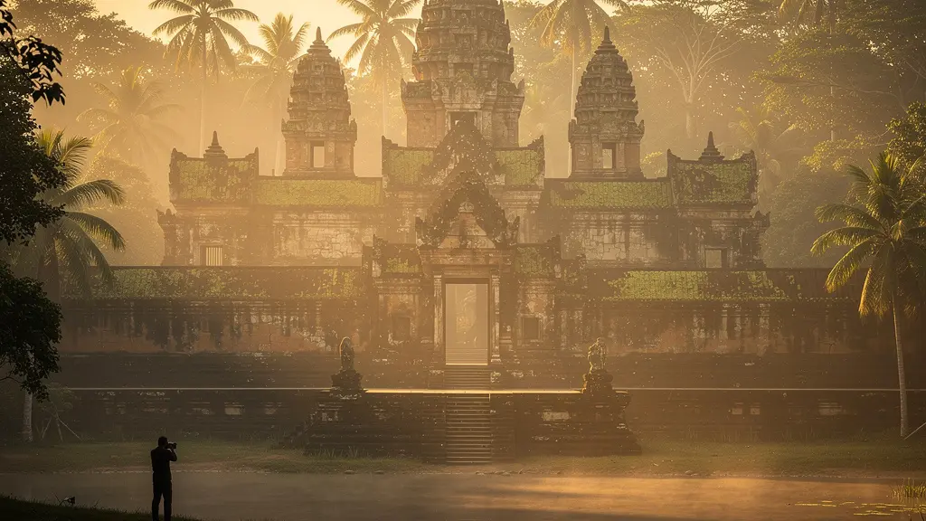 Photographe capturant un temple thaïlandais baigné de lumière dorée tropicale au lever du soleil