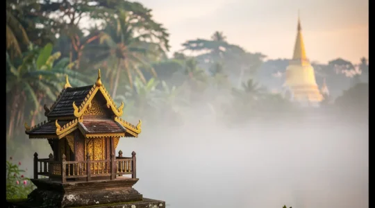 Fusion harmonieuse entre un temple bouddhiste doré et une maison des esprits traditionnelle dans la brume matinale