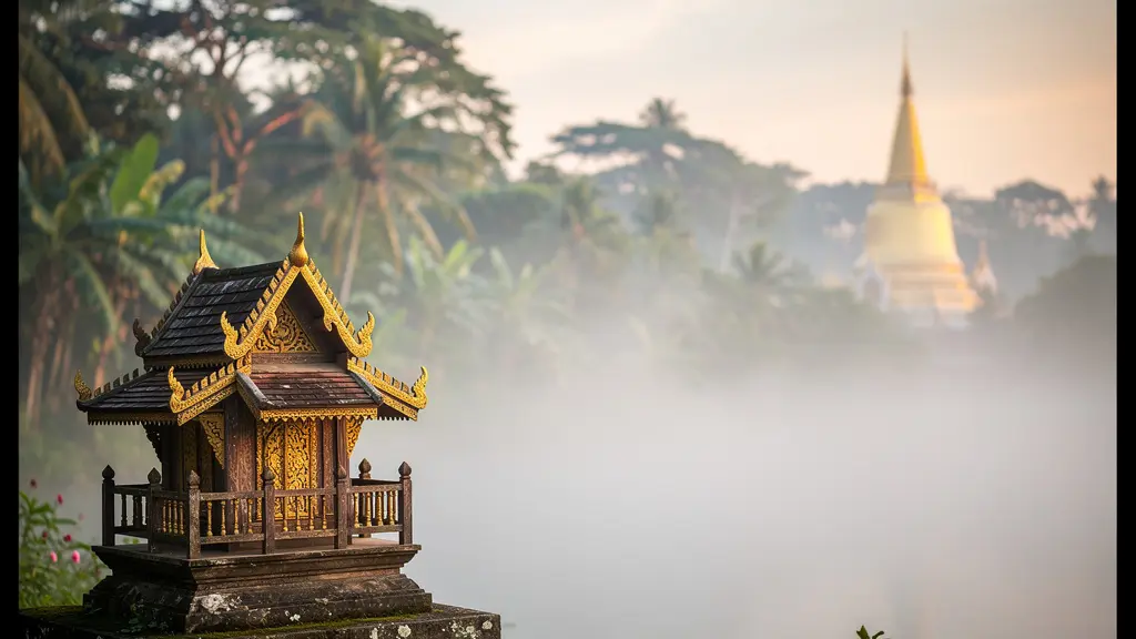 Fusion harmonieuse entre un temple bouddhiste doré et une maison des esprits traditionnelle dans la brume matinale