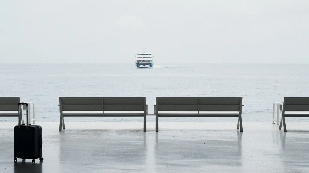 Vue large d’un terminal de bateau minimaliste avec des bancs vides, la mer au loin et un catamaran en approche, sans aucun texte visible.