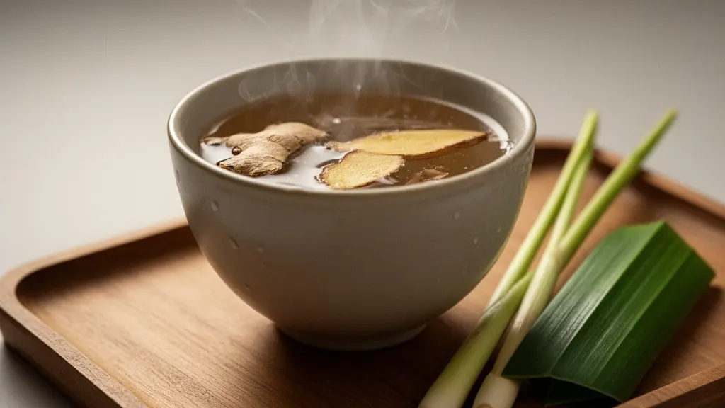 Gros plan d’une tasse de thé chaud au gingembre avec citronnelle et feuilles de pandan sur un plateau en bois, vapeur visible.