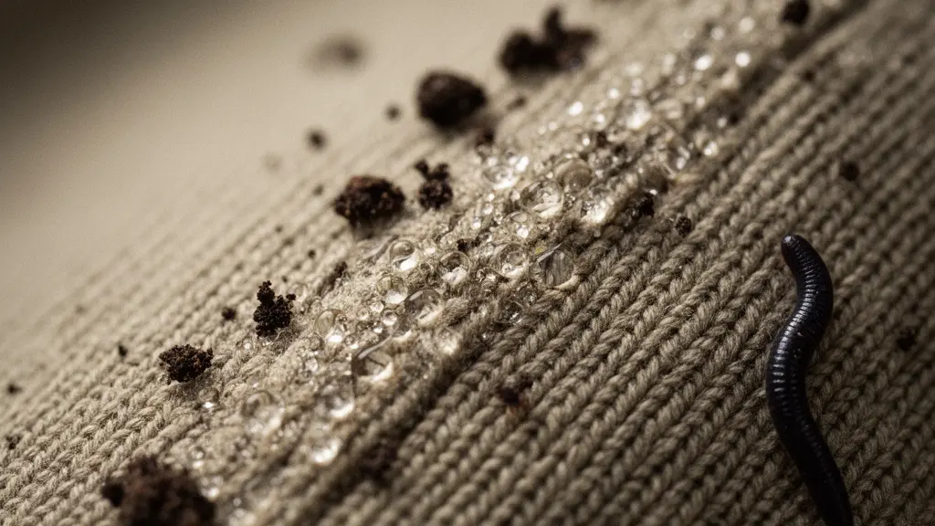 Gros plan de la maille très serrée d'une chaussette de trek humide formant une barrière, avec des gouttes d'eau et de la boue en surface.