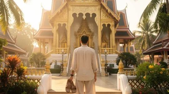 Voyageur devant un temple bouddhiste thaïlandais portant des vêtements appropriés sous le soleil tropical
