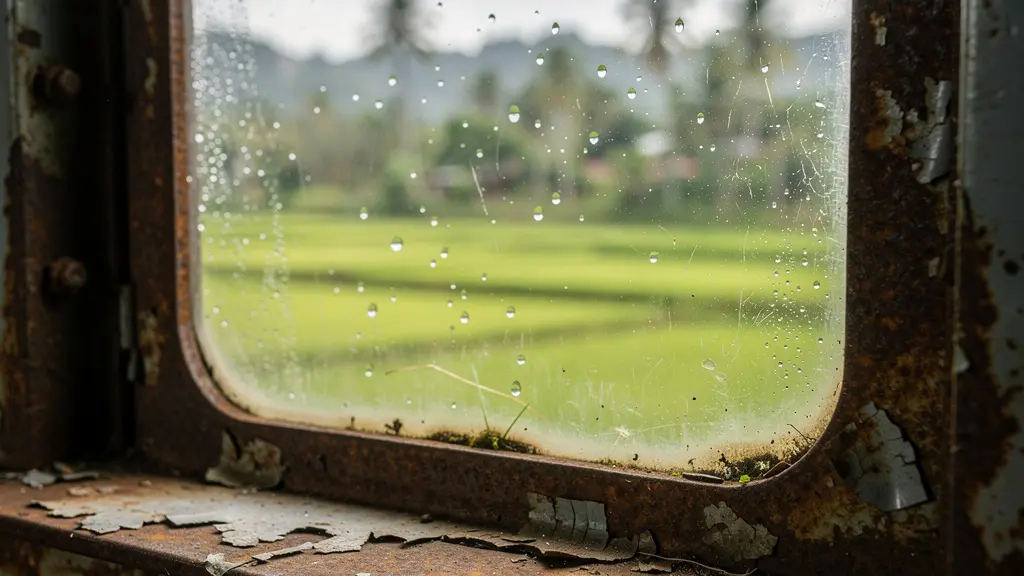 Vue depuis la fenêtre d'un train traversant les rizières verdoyantes de la campagne thaïlandaise