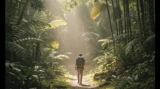 Randonneur sur un sentier de jungle à Chiang Mai avec végétation tropicale luxuriante et lumière filtrée