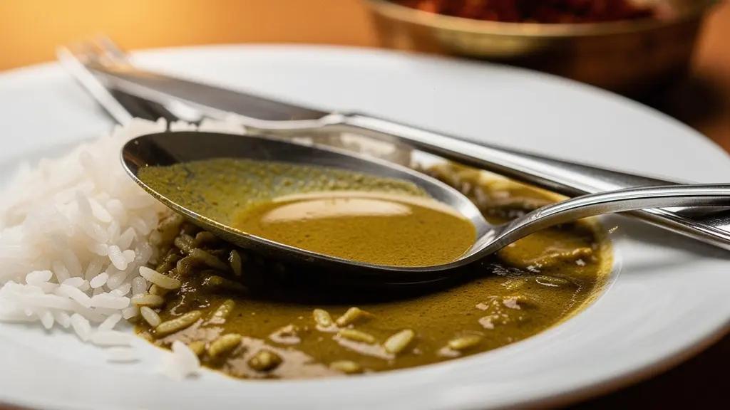 Gros plan sur une cuillère et une fourchette thaïlandaises posées sur une assiette de riz jasmin avec un curry doré, illustrant l'art de table traditionnel du Siam