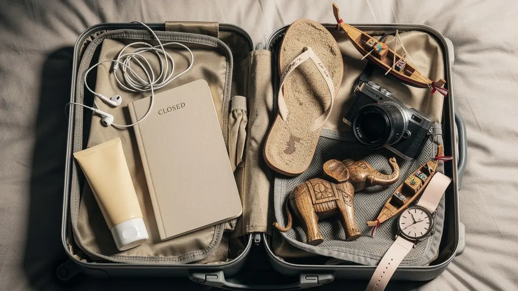 Nature morte d’une valise ouverte débordant d’objets de voyage, symbolisant un itinéraire trop chargé, sans aucun papier ni écran visible.