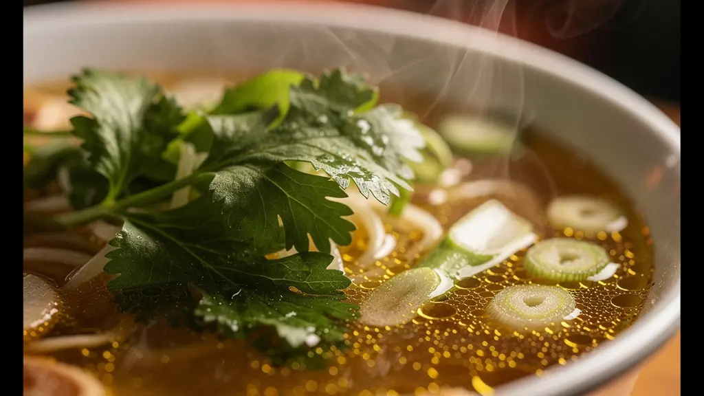 Gros plan sur un bol de soupe de nouilles fumant avec vapeur visible et textures des ingrédients