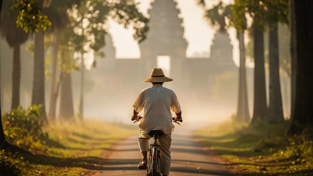 Cycliste sur un chemin bordé de palmiers au lever du soleil dans le parc historique de Sukhothai