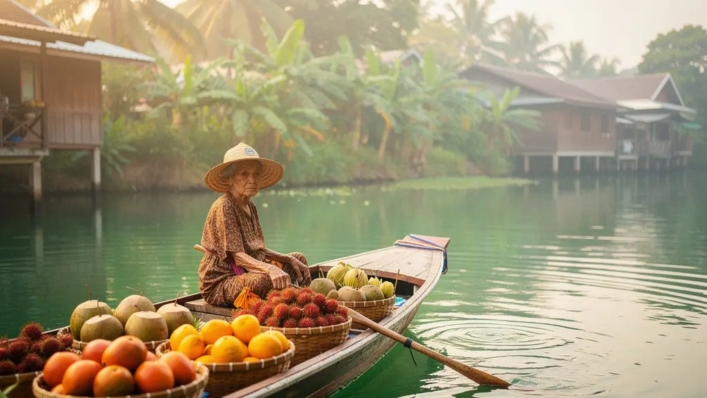 Vendeuse en barque traditionnelle sur un canal thaïlandais, préparant des fruits tropicaux dans la lumière dorée du matin, illustration du commerce équitable sur les marchés flottants