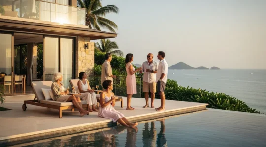 Un groupe de six amis se détend autour d’une piscine à débordement dans une villa privée à Koh Samui, avec vue sur la mer et un grand espace de ciel libre.