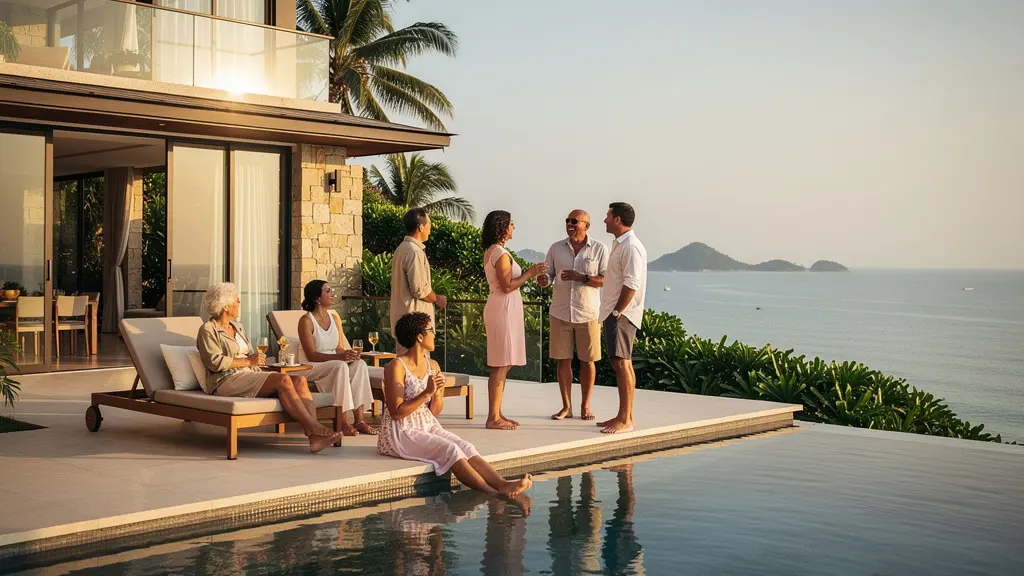 Un groupe de six amis se détend autour d’une piscine à débordement dans une villa privée à Koh Samui, avec vue sur la mer et un grand espace de ciel libre.