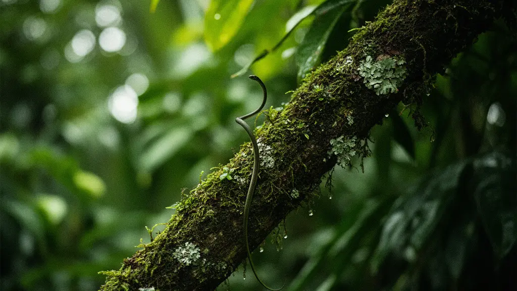 Gros plan macro sur une branche tropicale couverte de mousse et de feuilles vertes, évoquant le camouflage des serpents arboricoles dans la jungle thaïlandaise