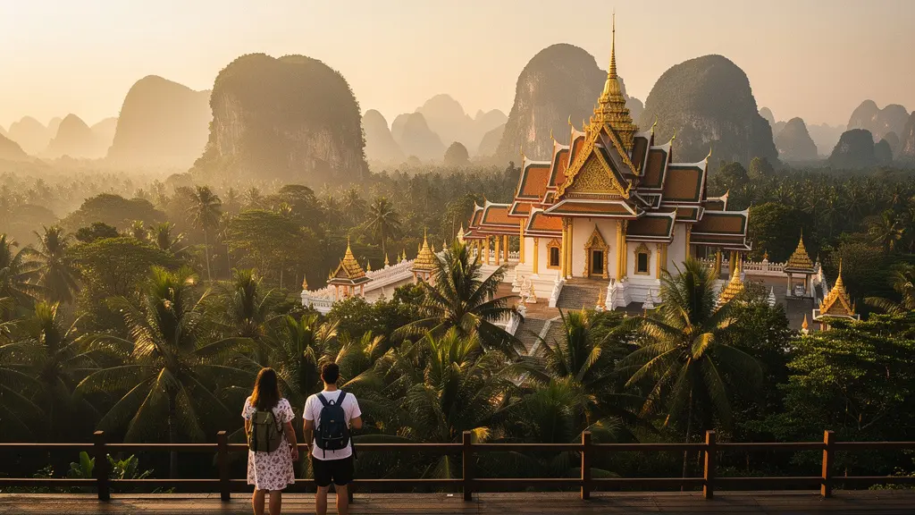 Voyageurs contemplant un temple doré thaïlandais au coucher du soleil entouré de palmiers