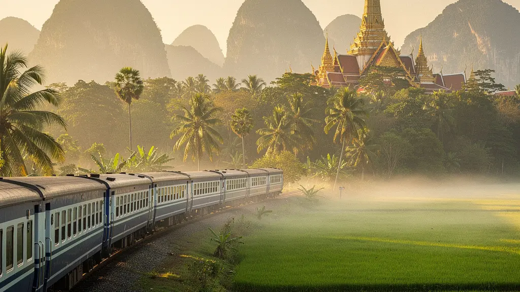 Vue panoramique d'un train traversant la campagne thaïlandaise avec des temples dorés et des rizières verdoyantes