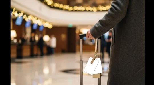 Voyageur avec une valise devant une réception d’hôtel très fréquentée, ambiance de haute saison, avec un grand espace vide pour placer un titre.