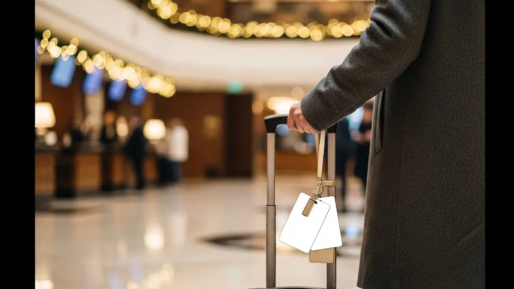 Voyageur avec une valise devant une réception d’hôtel très fréquentée, ambiance de haute saison, avec un grand espace vide pour placer un titre.